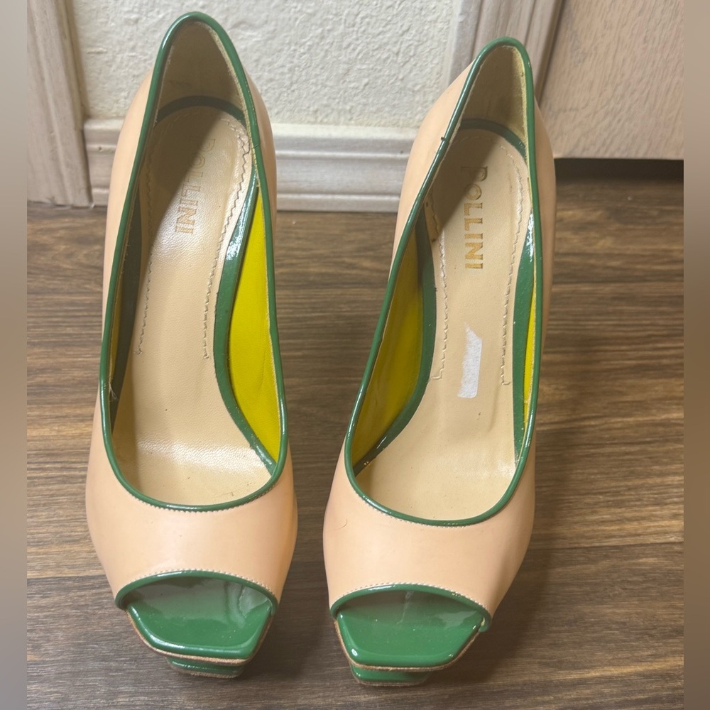 Pollini Women's Green and Tan Peep Toe Heels